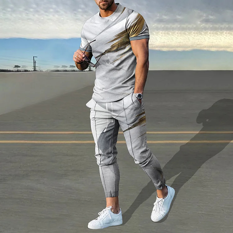 Light Gray Flowing Line Art Print T-Shirt And Pants Co-Ord
