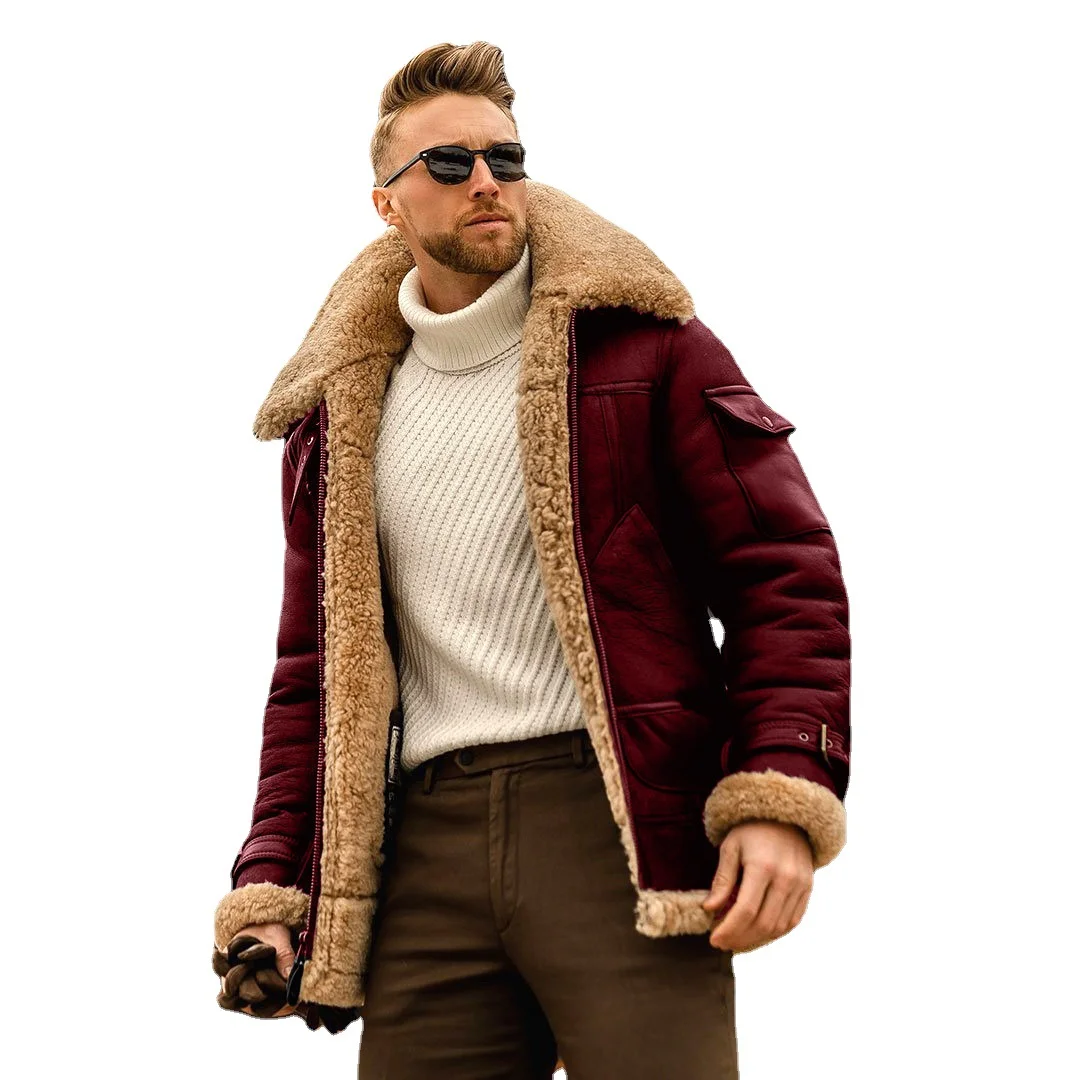 Men's Plus Size Frosted Fleece Plain Composite Leather Jacket Thick Coat Woolen Coat