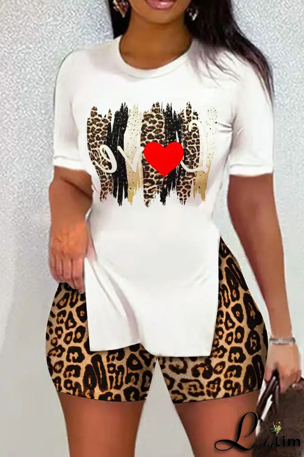 Black Casual Print Split Joint Slit O Neck Short Sleeve Two Pieces