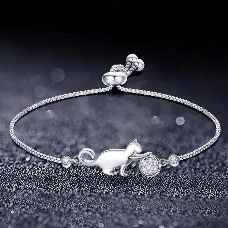 Playful Kitty Charm Bracelet with Rhinestone