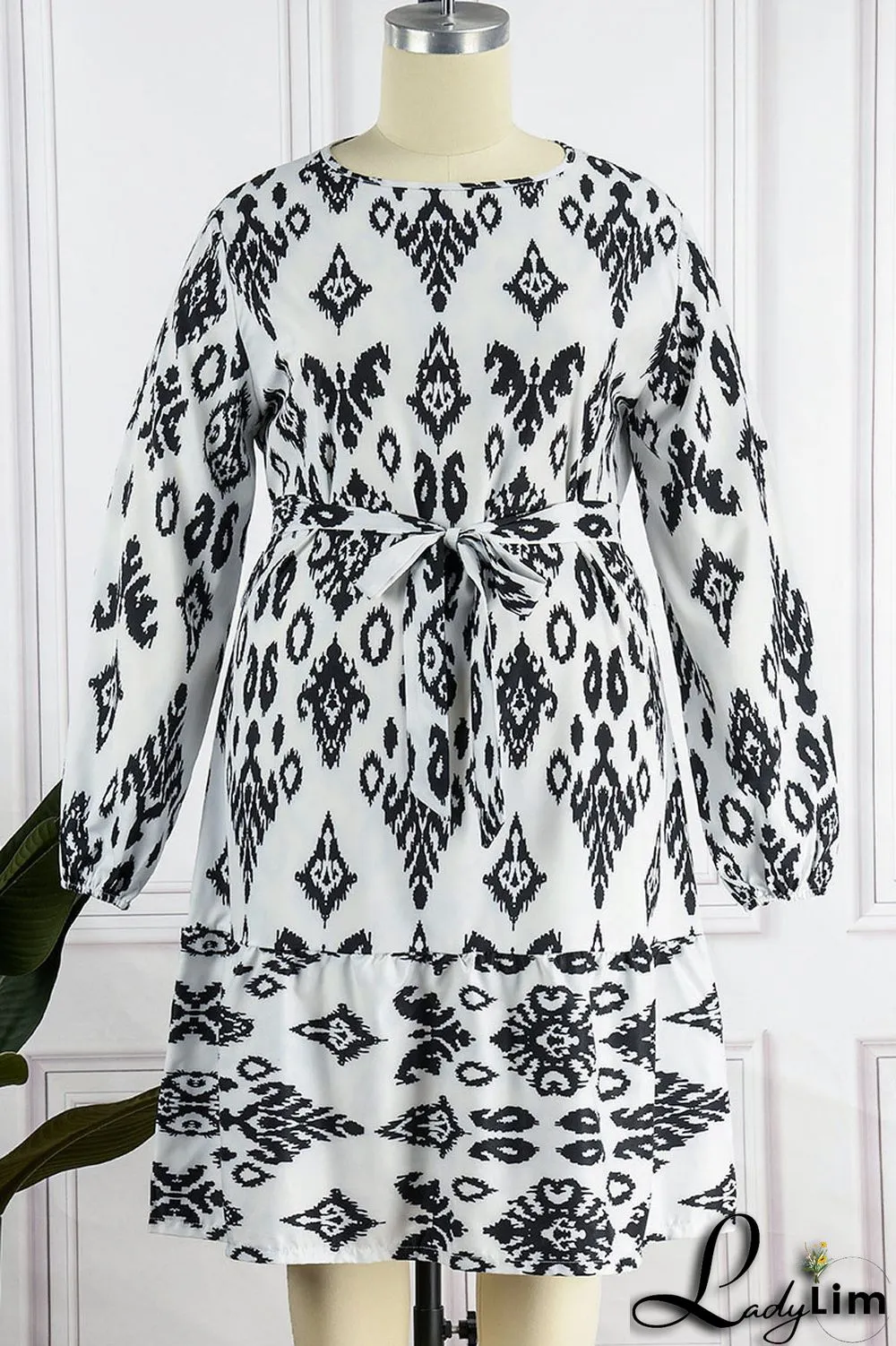Light Apricot Casual Print Bandage Patchwork O Neck Straight Plus Size Dresses