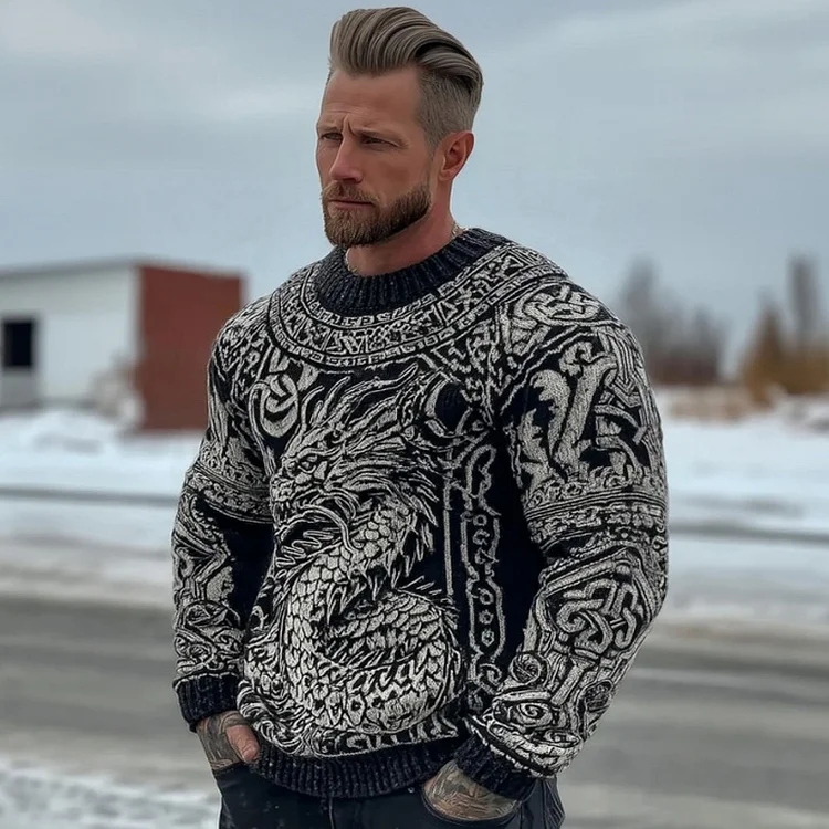 Men's Celtic Style Dragon Crew Neck Knit Sweater
