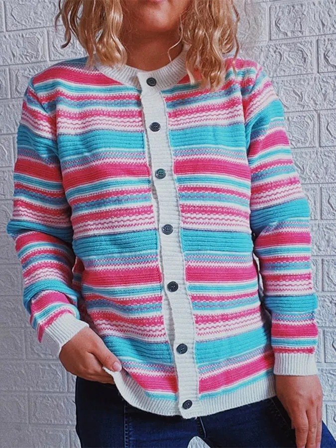 Women's Fashion Colorful Striped Button Cardigan Sweaters
