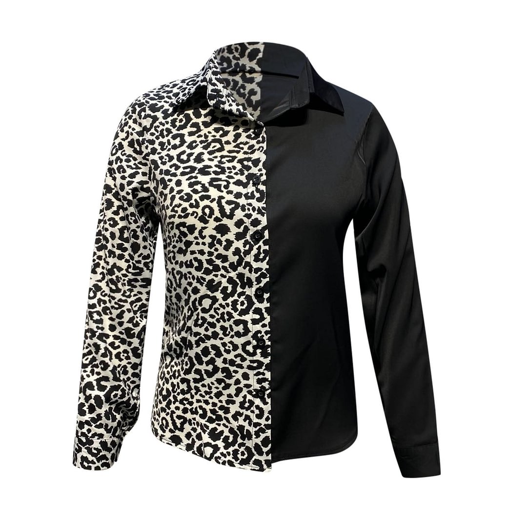 Fashion Leopard Patchwork Blouse Shirt Buttons Tops Tee Casual Autumn Winter Ladies Female Women Long Sleeve Blusas Pullover