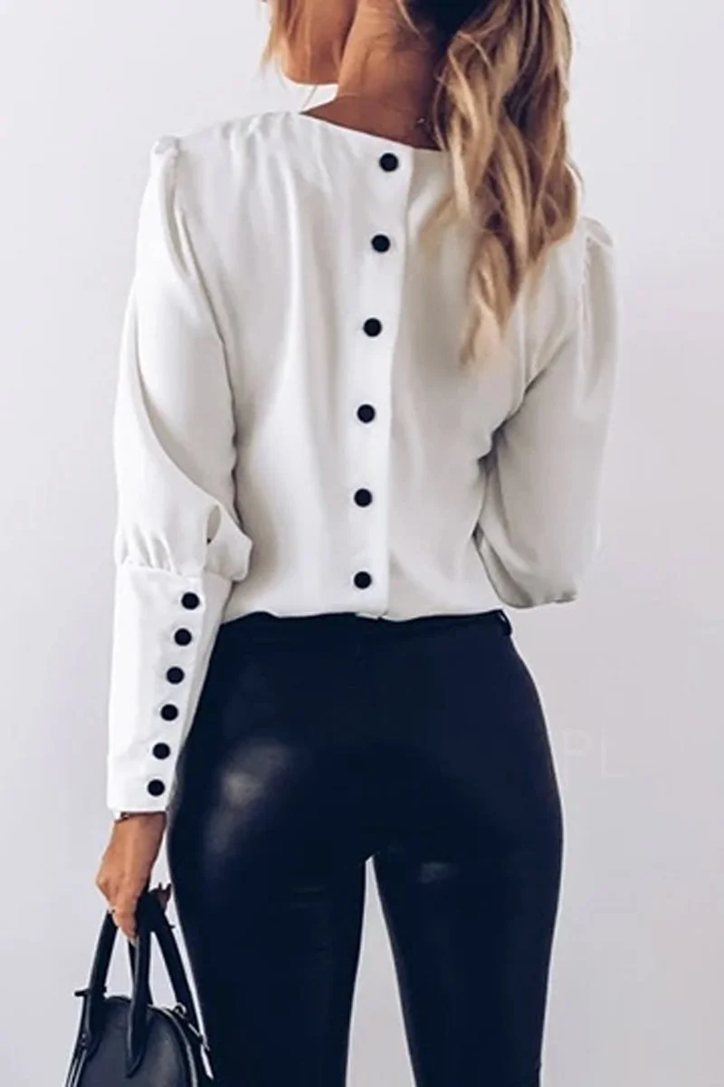 Puff Sleeve Button Round Neck Blouse