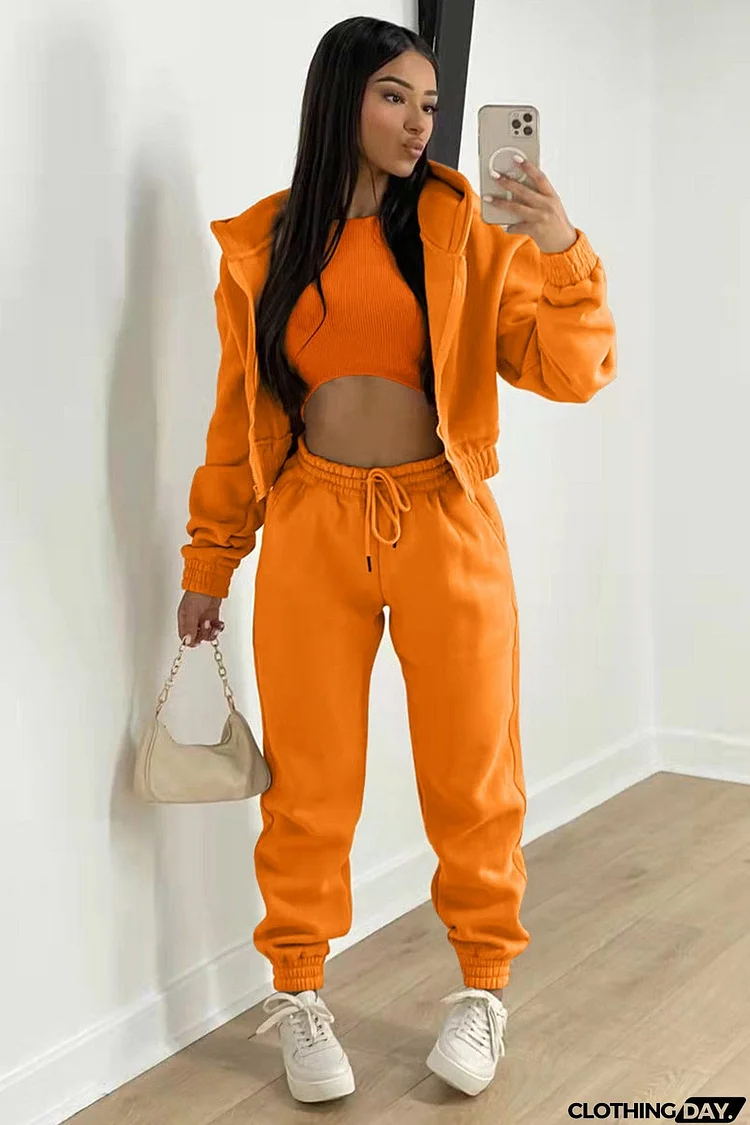 Solid Hoodie Vest Three-piece Pants Suits