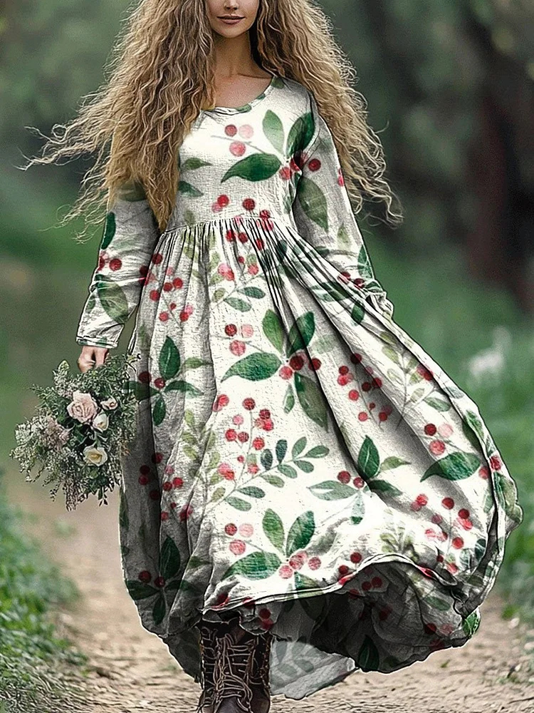 Women's Leaves and Red Fruits Art Print Pocket Cotton Dress