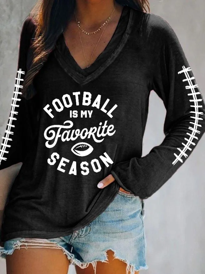 Women's Football is My Favorite Season Football Lover Casual V-Neck Long-Sleeve T-Shirt