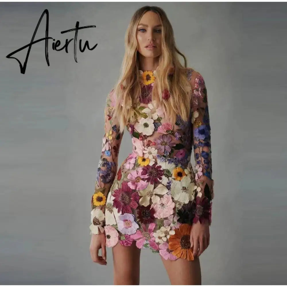 Flower Embroidery Women's Dress Sexy Hip Package Long Sleeve Bodycon Female Dresses  Spring Summer Elegant Mini Vestidos Aiertu