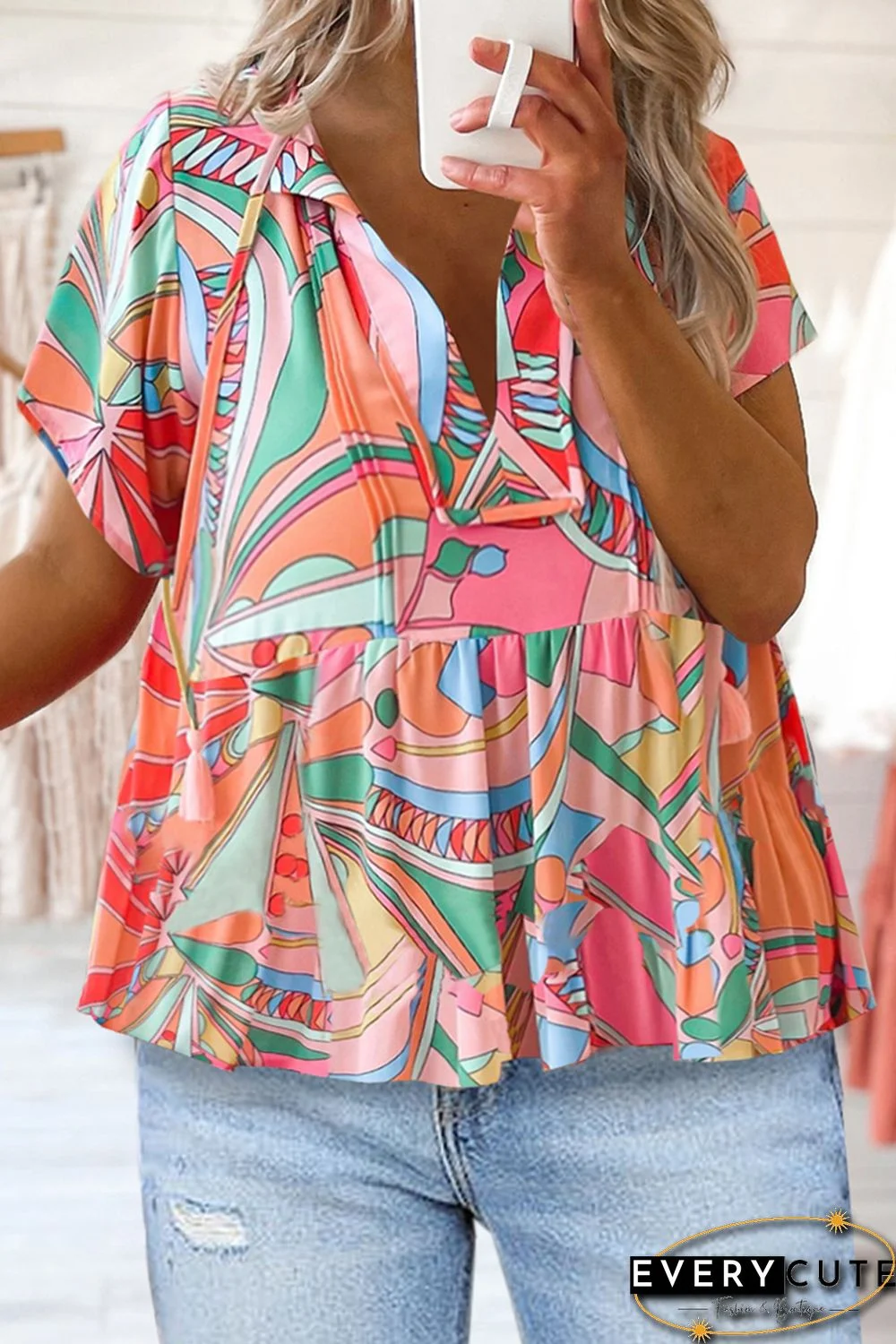 Multicolor Boho Abstract Pattern Split V Neck Flowy Blouse