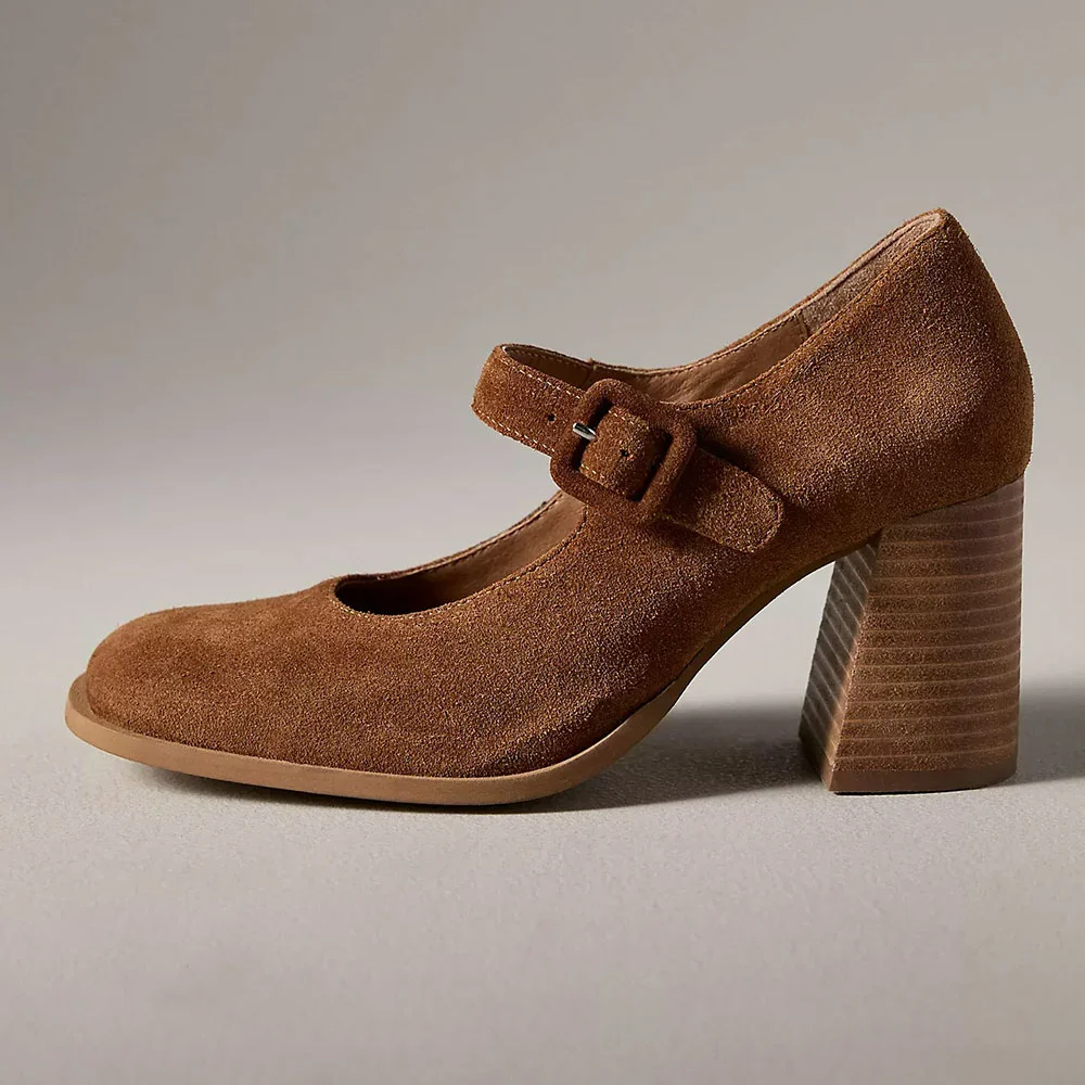 Brown Vegan Suede Square Toe Block Heel Mary Jane Pumps Shoes