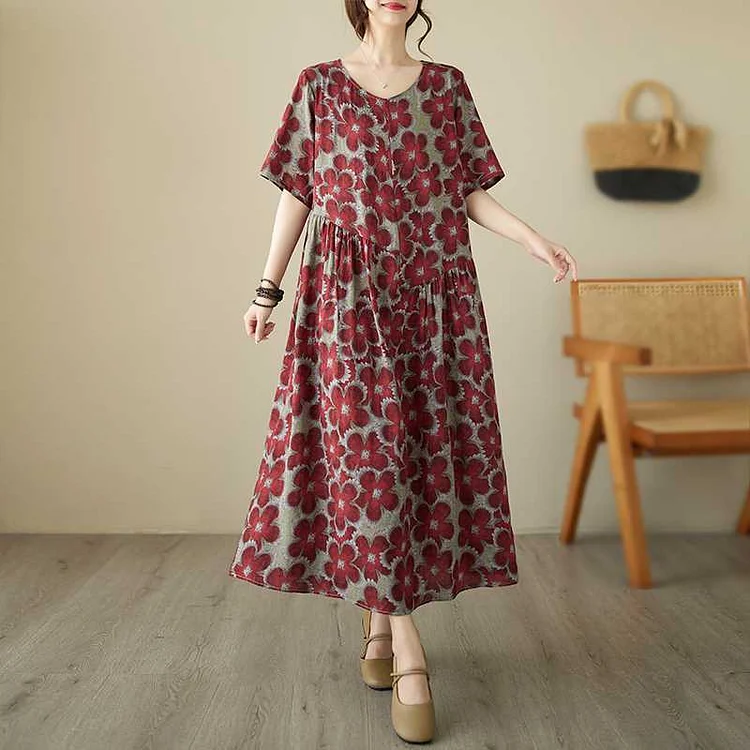 Loose Floral Short Sleeve Maxi Dress