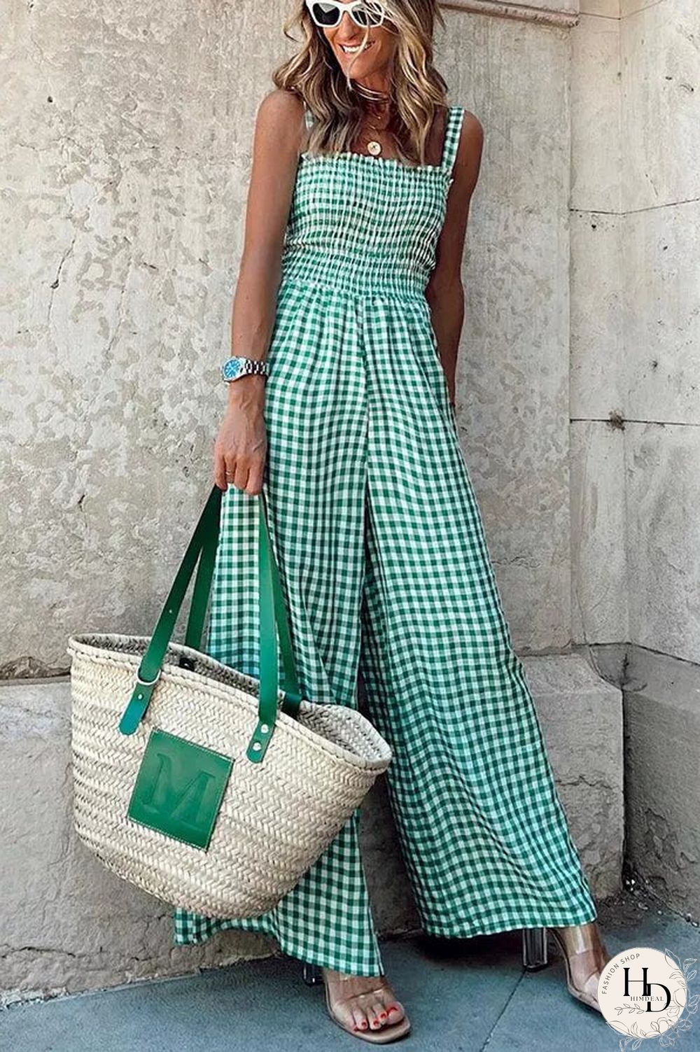 Plaid Smocked Wide Leg Jumpsuit