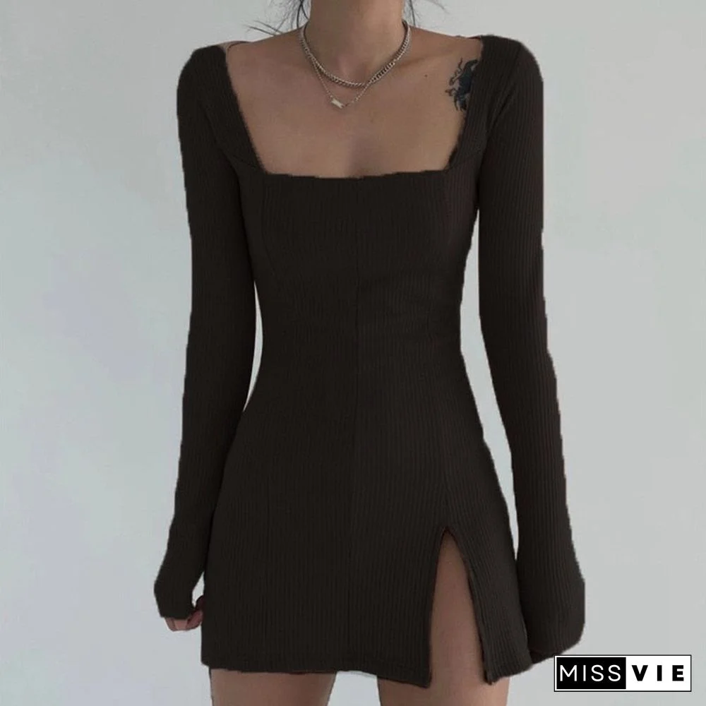 New Spring Long Sleeve Dress Women'S Slim Sexy Mini Dresses Square Collar Bottom Slit Fashionable Dress Khaki