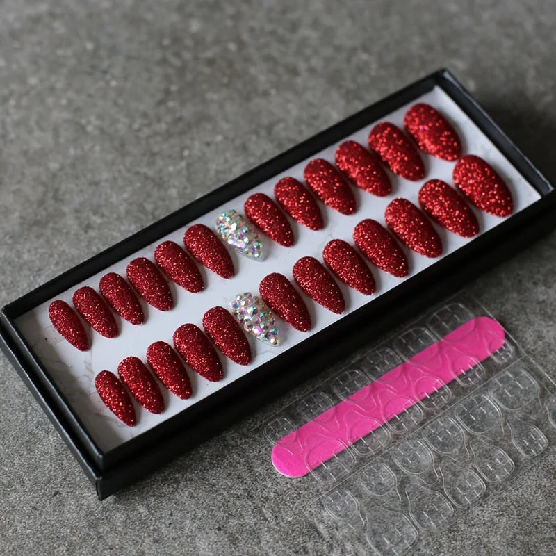 Art design Glitter powder fake nails red pink 26pcs Stiletto Full crystal diamond false nails wedding nails-Nail Inspo