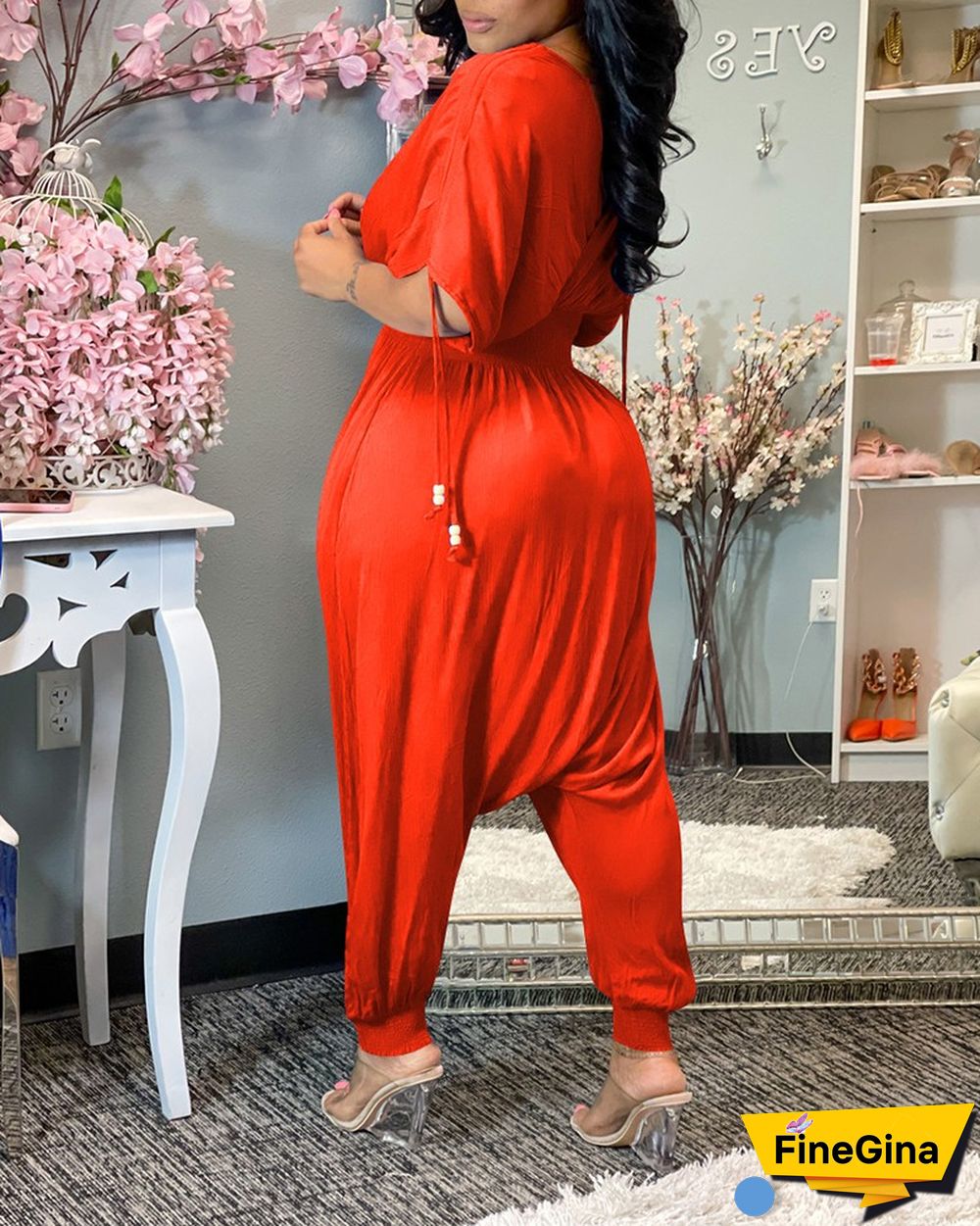 Shirred Short Sleeve Ruched Harem Jumpsuit