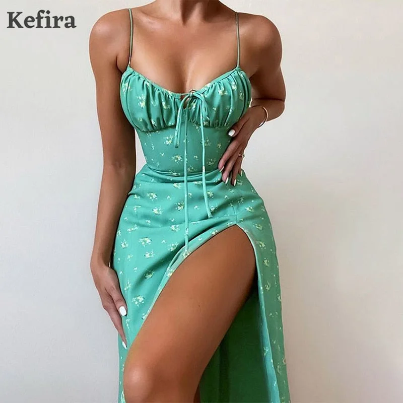 Kefira 2021 Summer Vintage Spaghetti Straps Flower Dress Women V Neck Sexy Slim Split Casual Street Elegant Female Print Dresses
