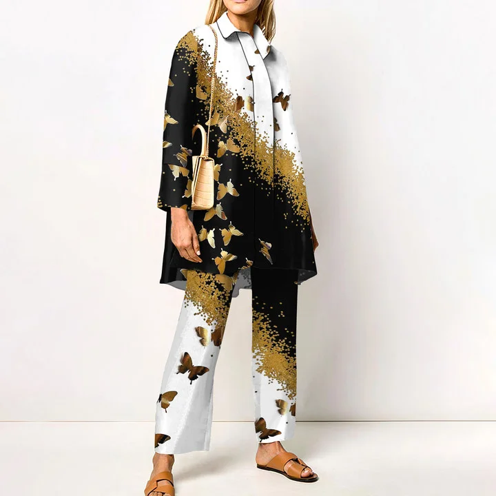 Stand Collar Gold Butterfly Panel Shirt Two-Piece Set