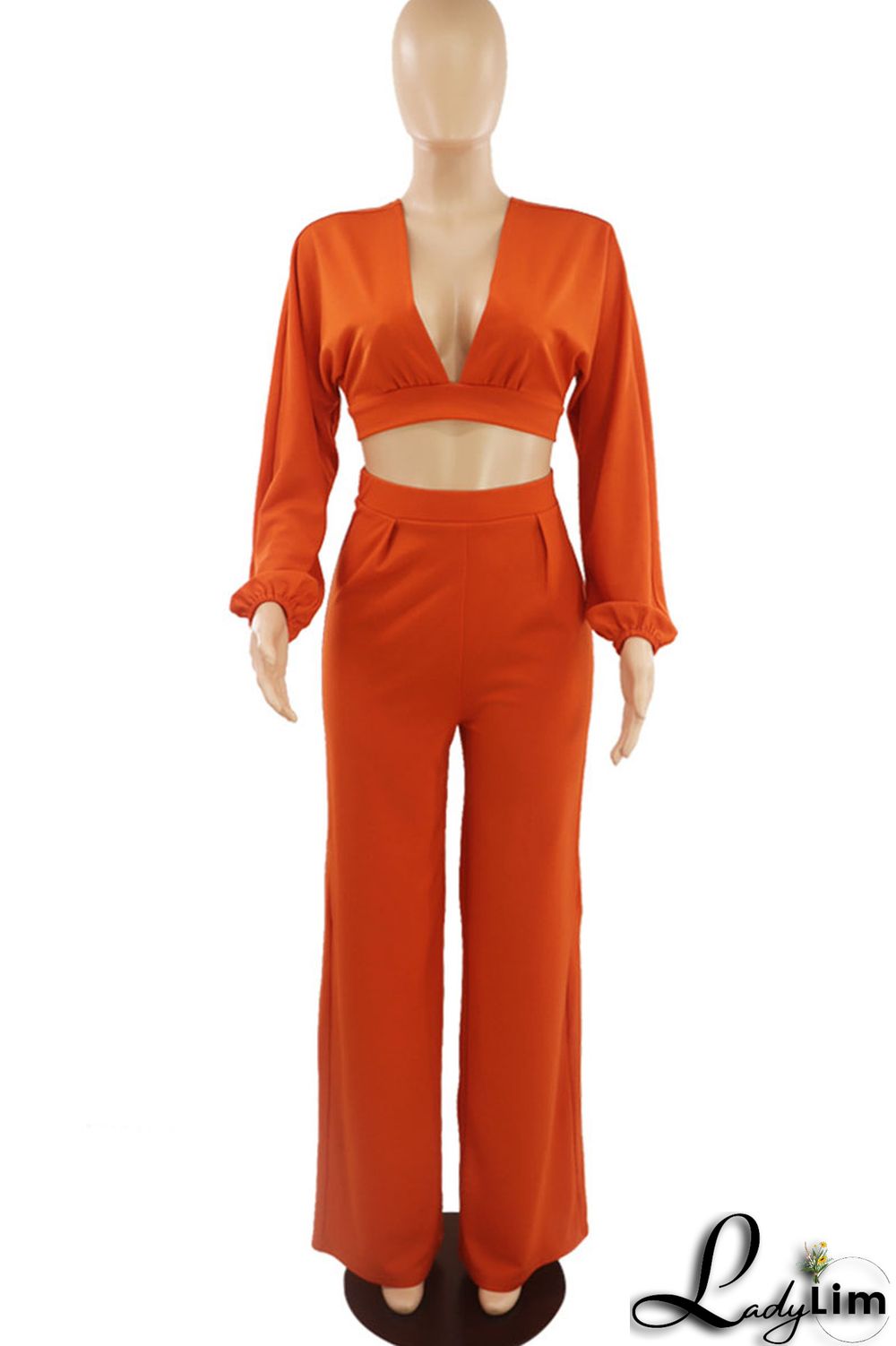 Yellow Sexy Solid Patchwork Backless V Neck Long Sleeve Two Pieces