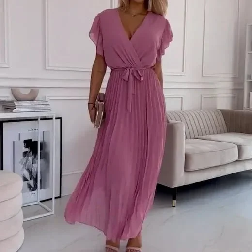 🌸Spring Specials🌸 Women's Solid V-Neck Pleated Flowy Dress 