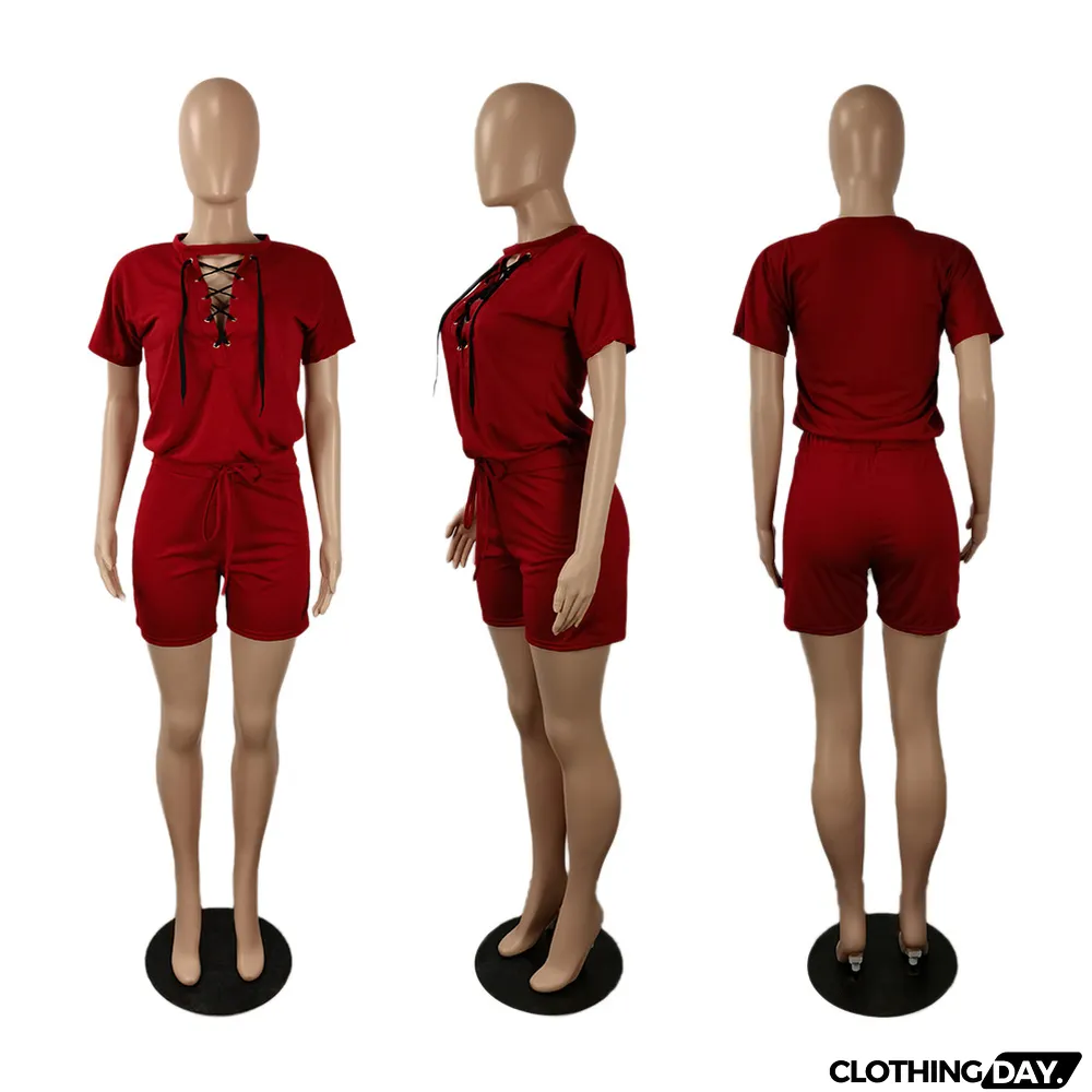 Plus Size Hollow Out Bandage Solid Top Shorts 2 Piece Set