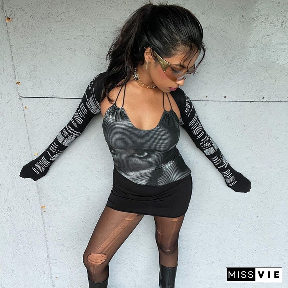 Two Piece Fashion Letter Art Portrait Printing Camisole + Short Long Sleeve T-Shirt For Women Street Style Commute Sexy Tops