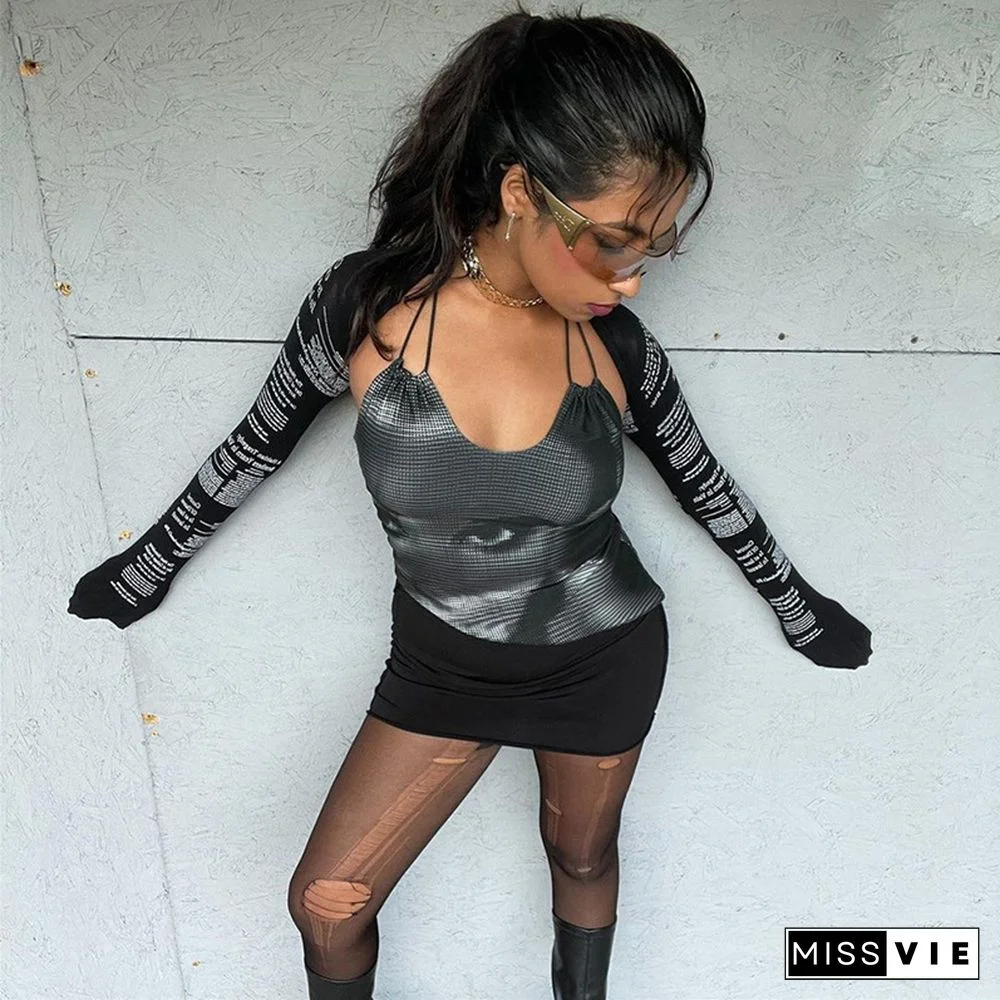 Two Piece Fashion Letter Art Portrait Printing Camisole + Short Long Sleeve T-Shirt For Women Street Style Commute Sexy Tops