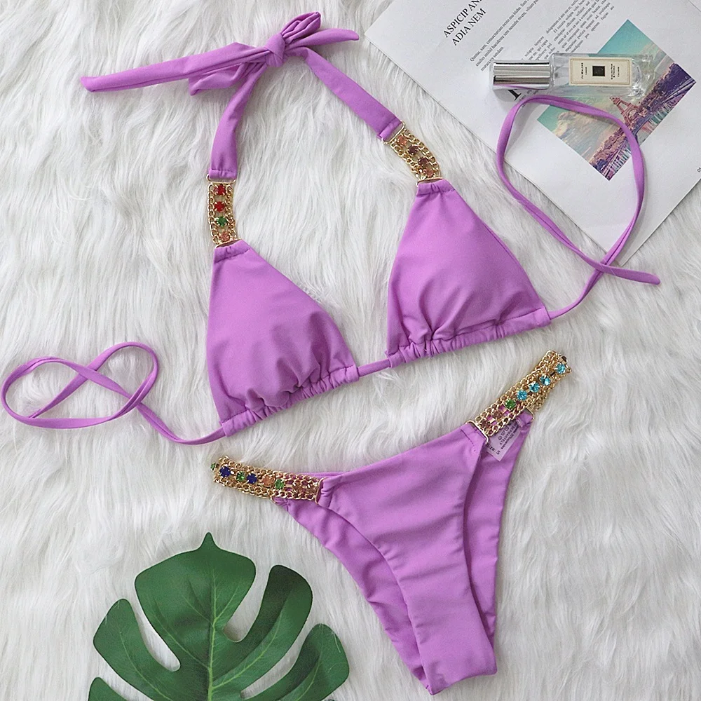 Uveng Uveng New Sexy Metal Accessories Rhinestone Solid Color Bikini Female Split Swimsuit Strap Swimsuit