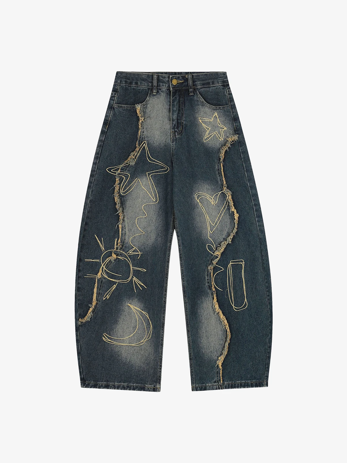 Blue Actchic Sketch Embroidered Washed Raw Hem Jeans Front