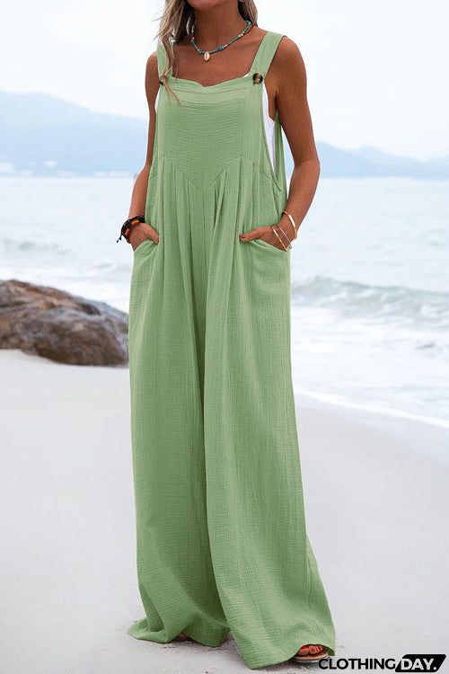 Solid Button Sling Wide-Leg Jumpsuit