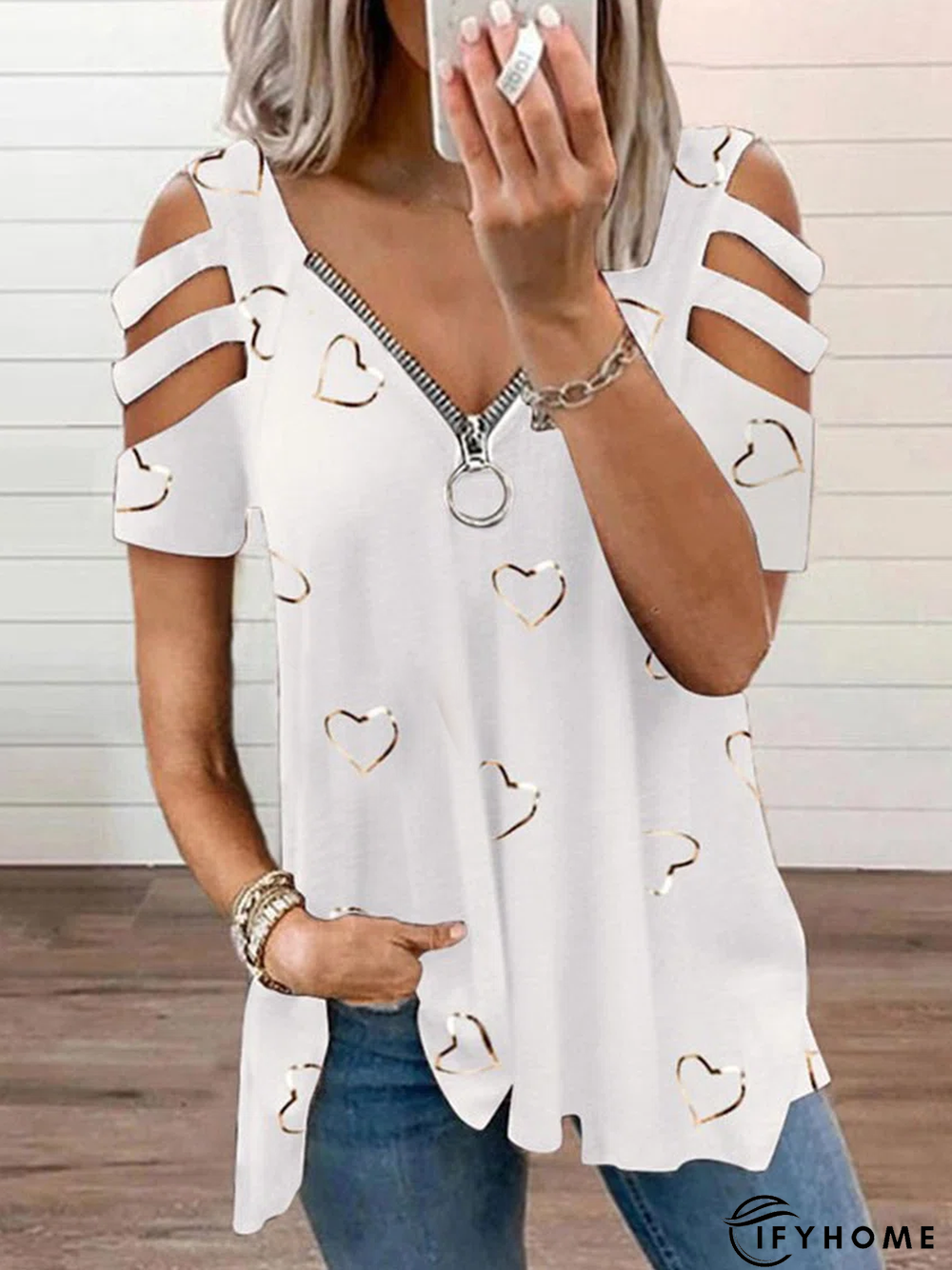 Casual Loosen V Neck Cotton Blend Geometric Tunic T-Shirt | IFYHOME