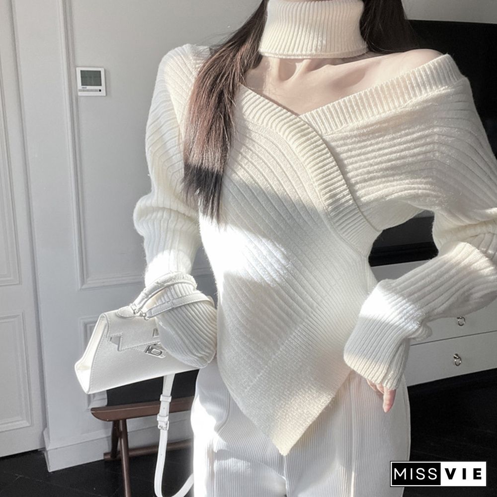 High Collar Cross Cold Shoulder Irregular Sweater