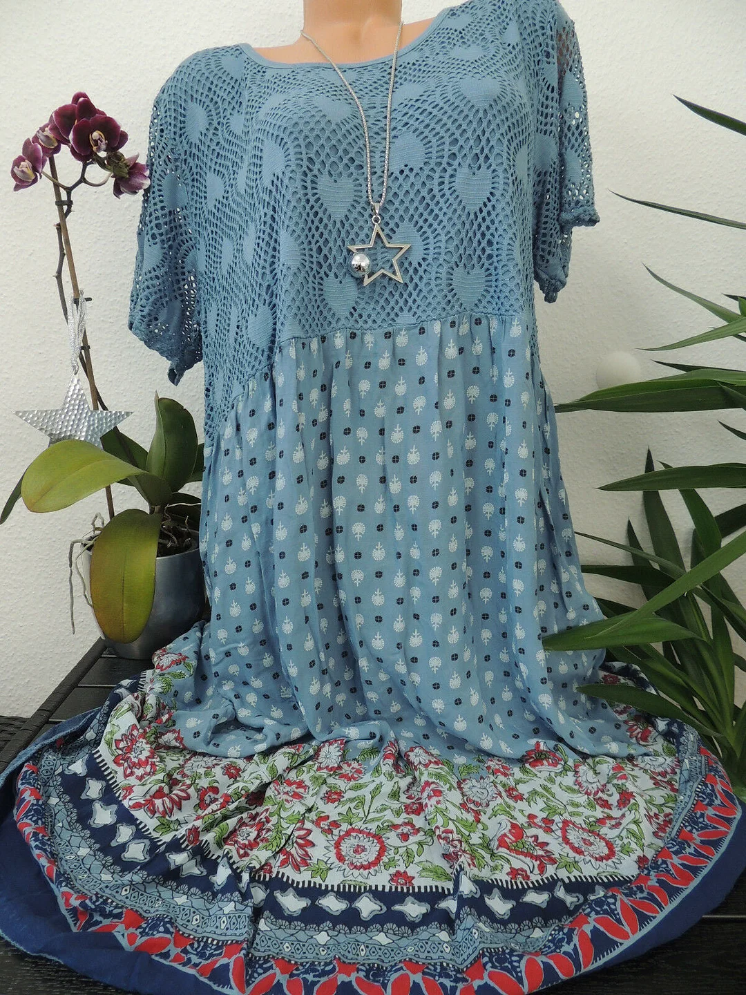 Women Short Sleeve Scoop Neck Floral Printed Lace Stitching Tops