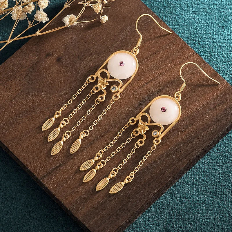 White Jade Ethnic Chinese Style Tassel Drop Dangle Earrings
