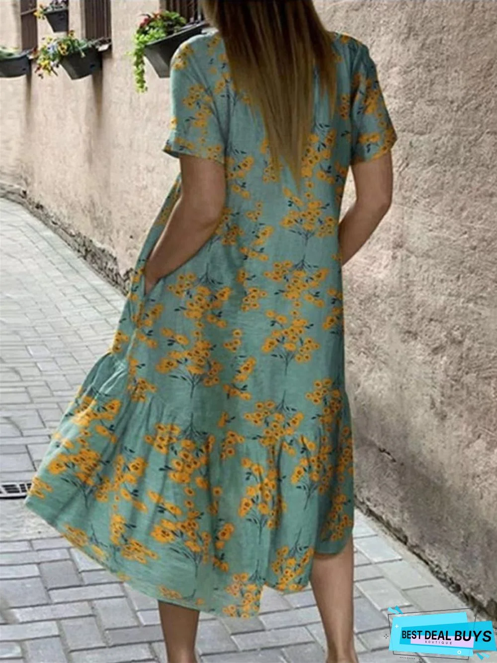 Flower Print Short Sleeve Plus Size Dress