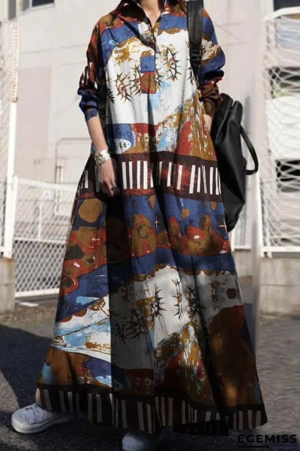 Brown Vintage Print Patchwork Buckle Turndown Collar Shirt Dress Dresses | EGEMISS