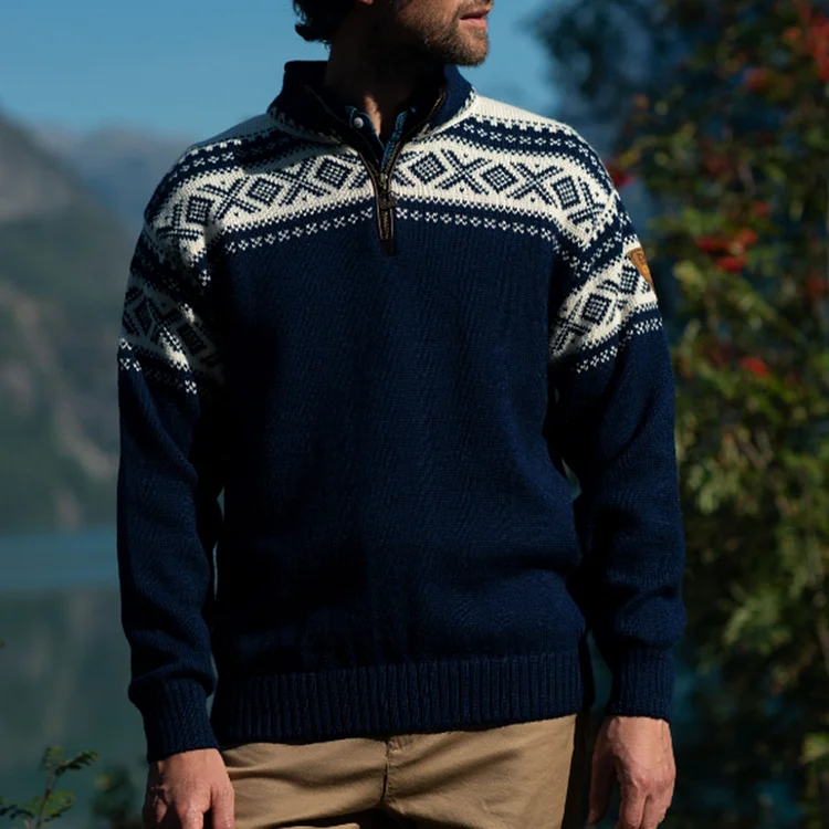 Comstylish Vintage Warmth Hemsedal Knit Jacquard Icelandic Half Zip Collar Sweater（Unisex ）