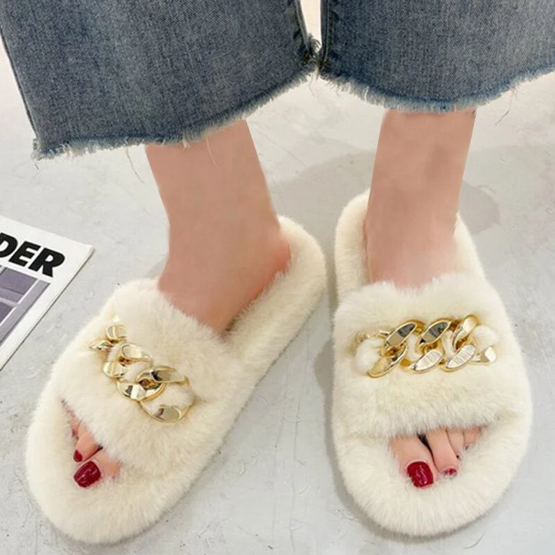 Summer Fluffy Women slippers Gold Chain Fur slippers Shoes Women Fox Fur Flip Flop Flat Furry Fur Slides Outdoor Sandals Woman
