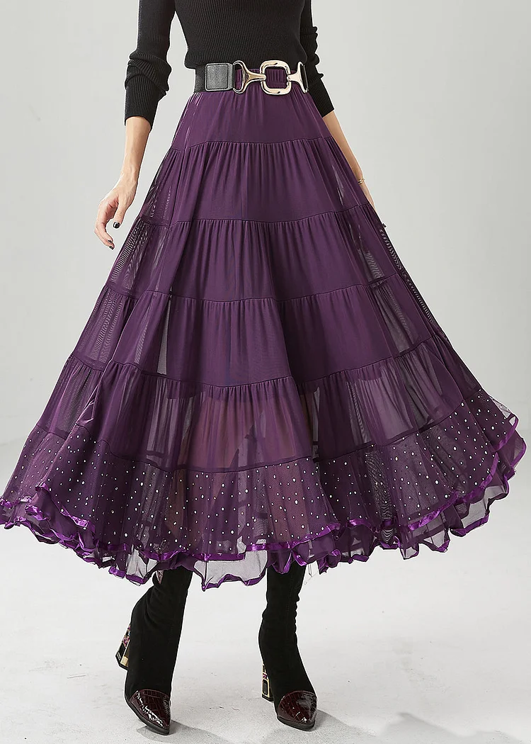 Classy Dull Purple Oversized Patchwork Chiffon Skirts Fall