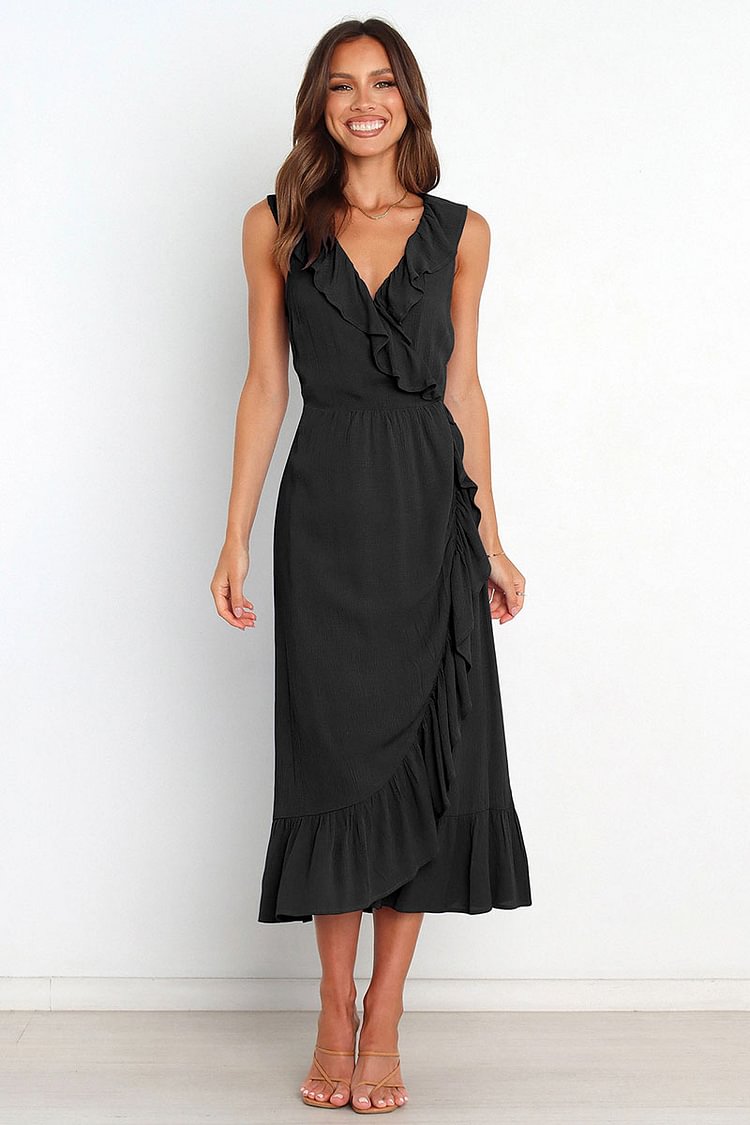 Ruffled Trim V Neck Sleeveless Elegant Midi Dresses