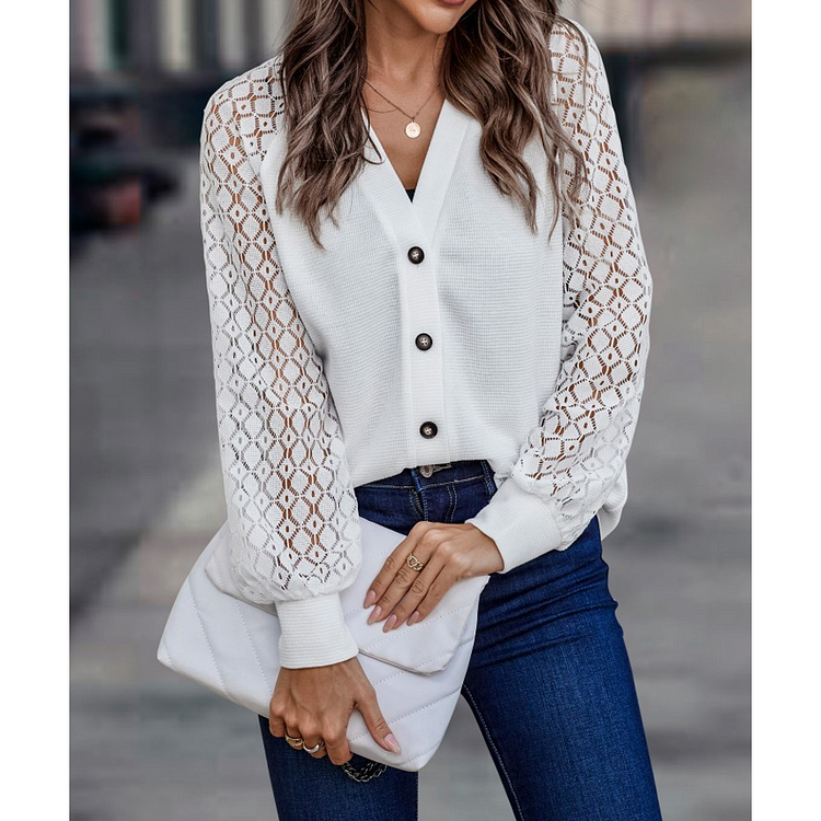 V-neck Button Lace Long Sleeve Solid Color Top