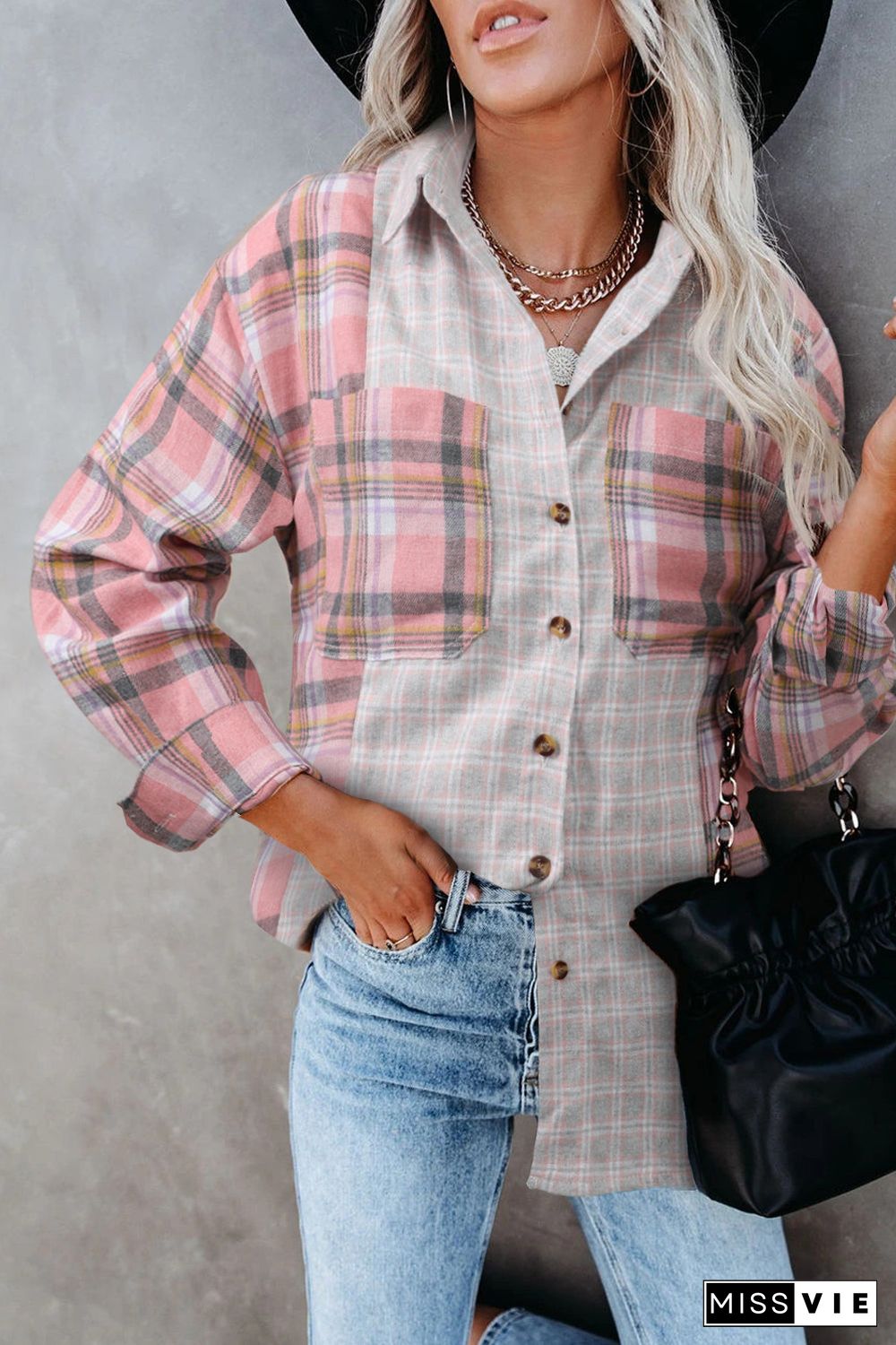 Plaid Color Block Pocket Button-up Long Sleeve Shirt