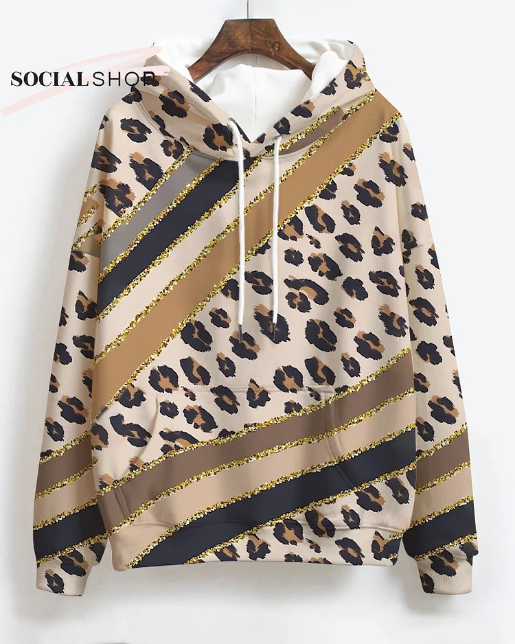 Leopard Print and Modern Art Patchwork Women's Long Hooded Sweatshirt socialshop