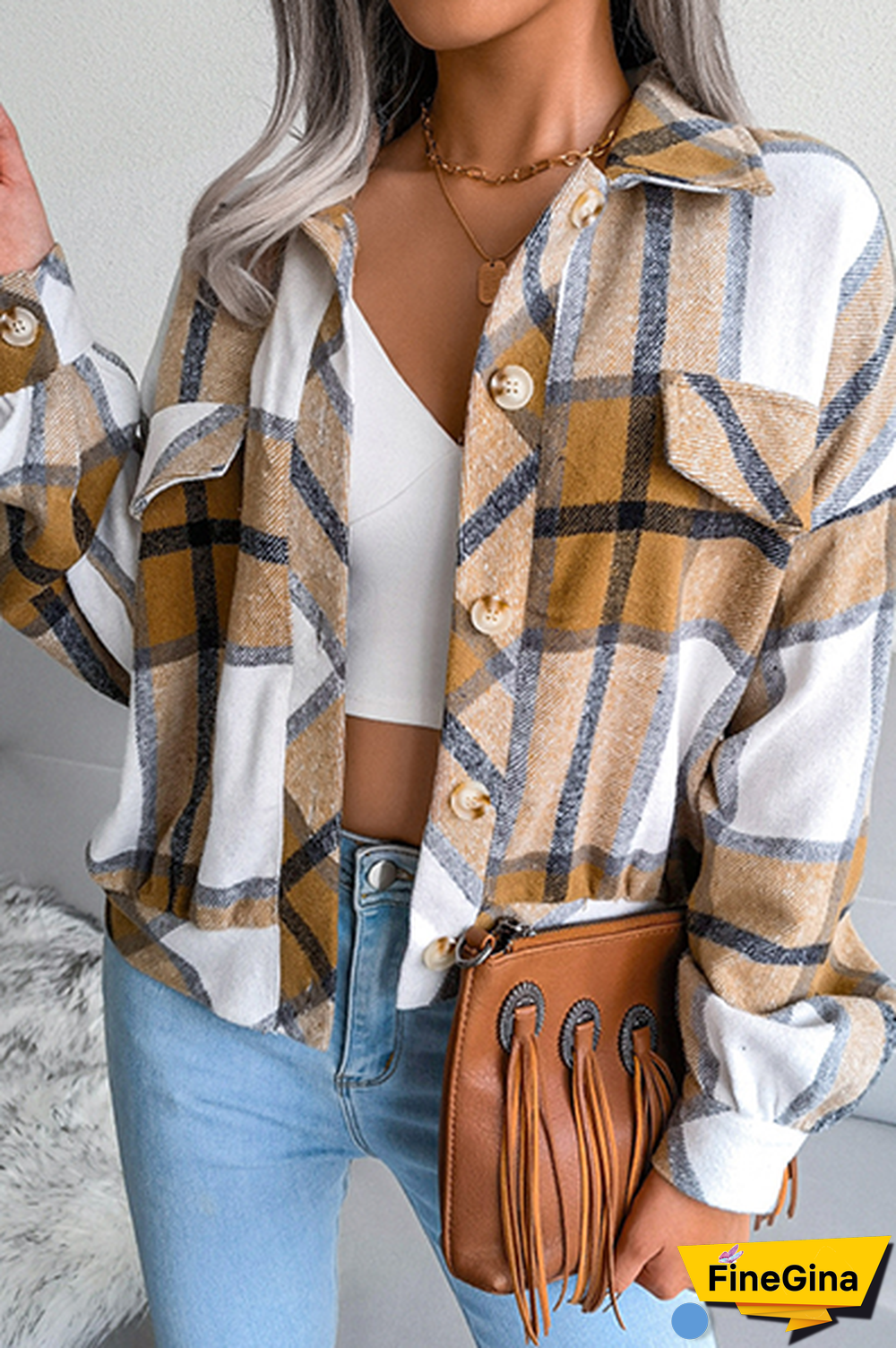 Casual Plaid Patchwork Buckle Turndown Collar Outerwear(3 Colors)
