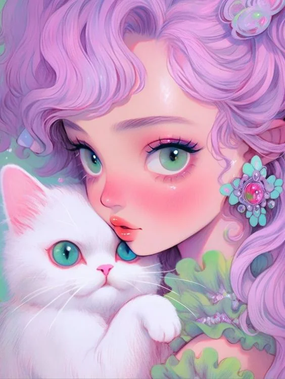 Color Hair Girl and Cat 40*50CM(Canvas) Diamond Painting gbfke