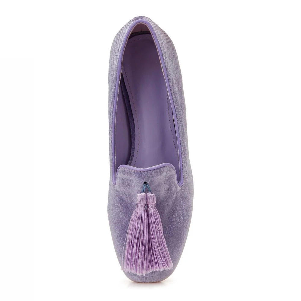 Velvet Tassel Decor Round Toe Loafer Shoes Women in Purple