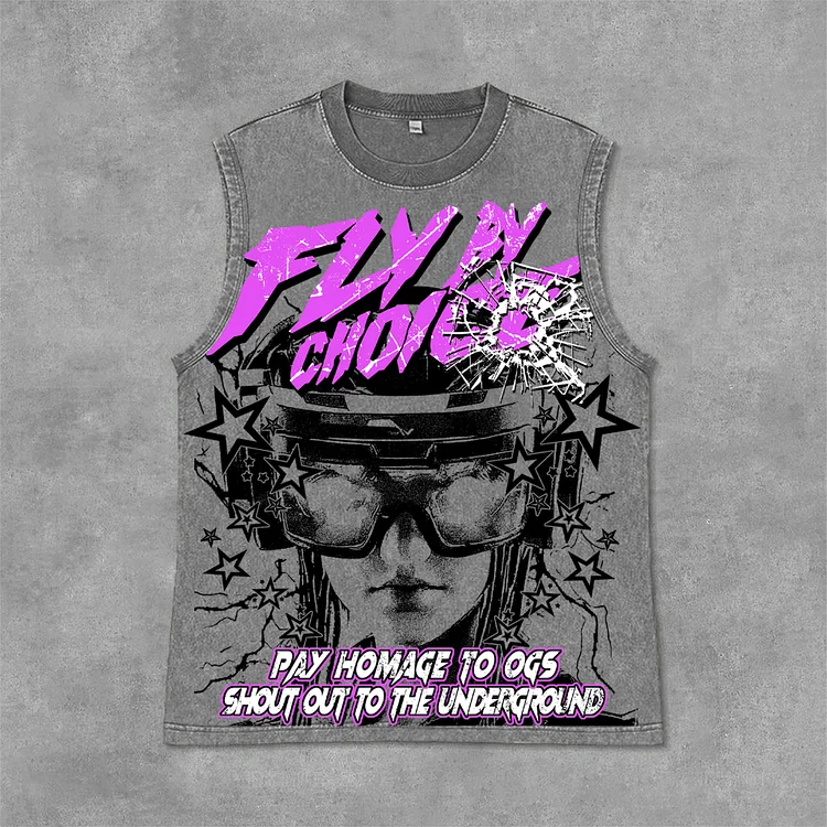 Fly By Choice Graphic Print Acid Washed Sleeveless Tank Top SOPULA