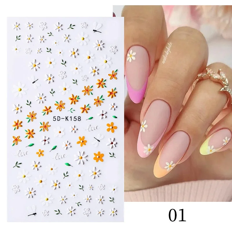 1PC French 5D Nail Sticker Embossed Flower Bubble Pattern Self-Adhesive Slider Wedding Design Nails Decals Nail Art Decoration-Nail Inspo