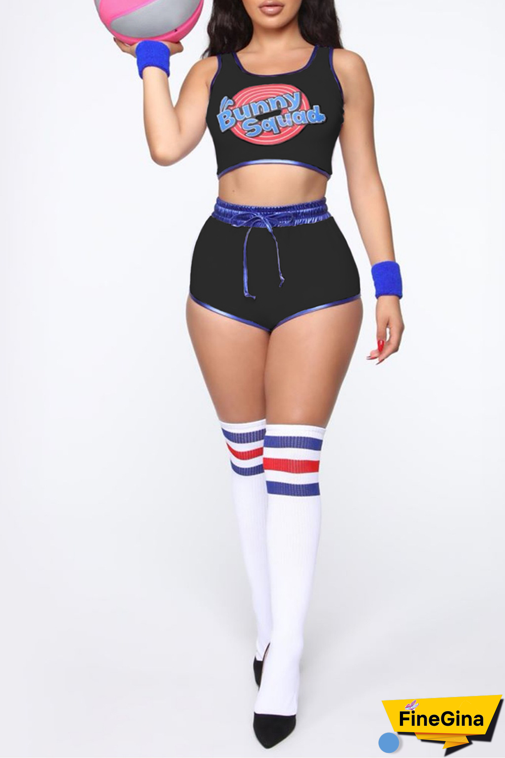 White Party Print Patchwork U Neck Sleeveless Two Pieces