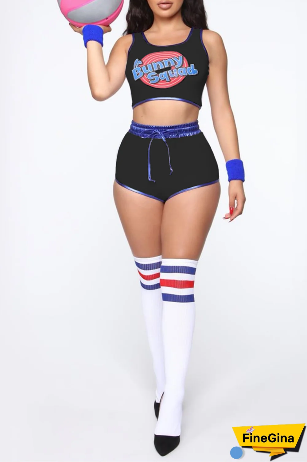 White Party Print Patchwork U Neck Sleeveless Two Pieces